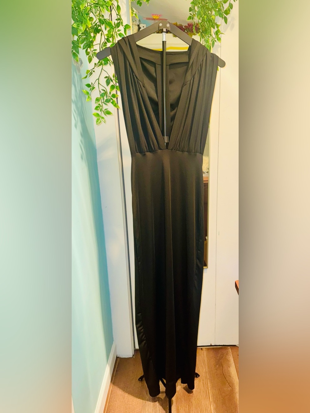 BOHO Black Hooded Draped Cowl Neck Open Back Maxi Dress/Cover-Up Back Slit